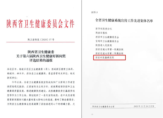 以学科建设引领宣传工作 西安中医脑病医院分获全省卫生健康及中医药宣传工作先进集体